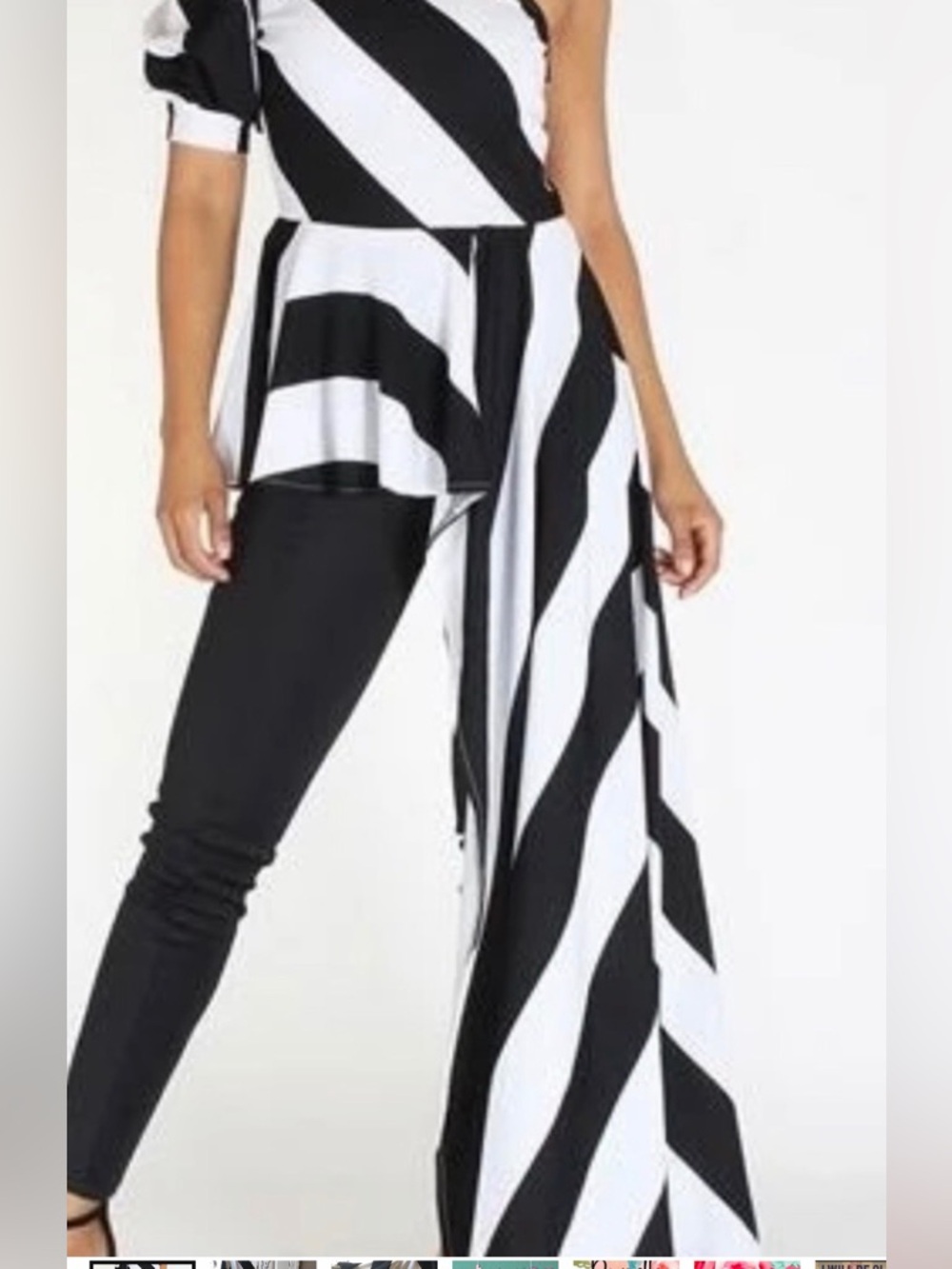 Black & White Diagonal Stripe One-Shoulder Dress